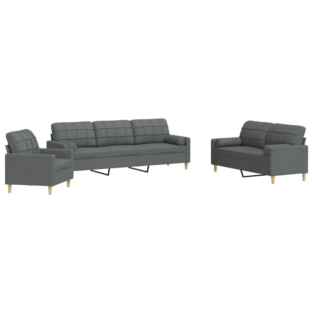 3-dijelni set sofa s ukrasnim jastucima tamnosivi od tkanine