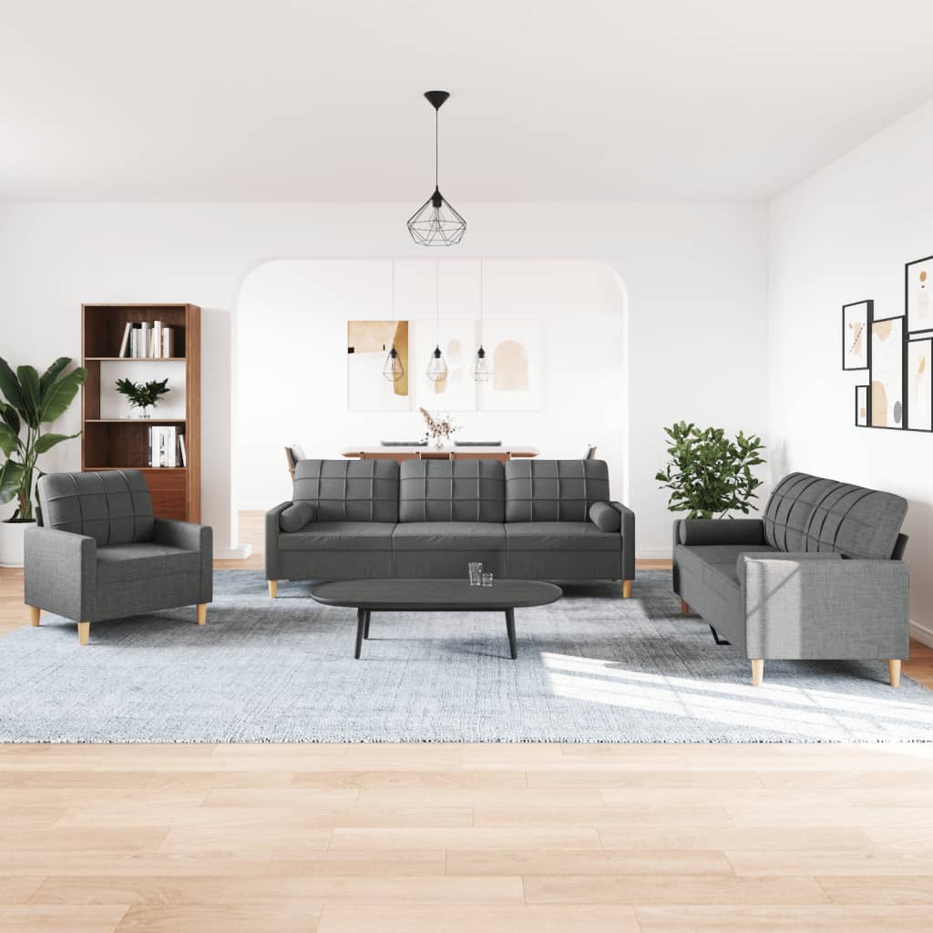 3-dijelni set sofa s ukrasnim jastucima tamnosivi od tkanine