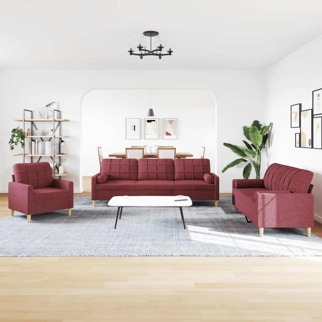 3-dijelni set sofa s ukrasnim jastucima boja vina od tkanine