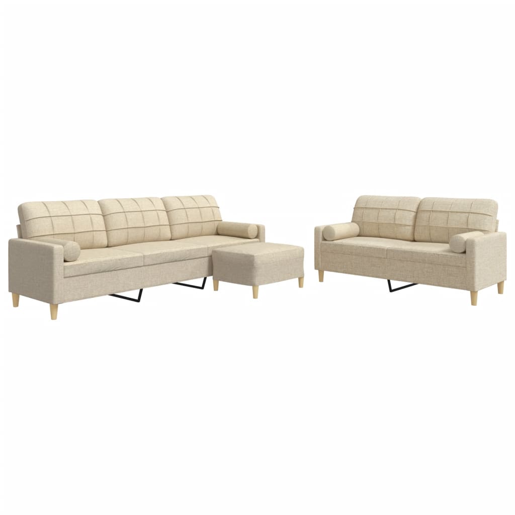 3-dijelni set sofa s tabureom i jastucima krem tkanina