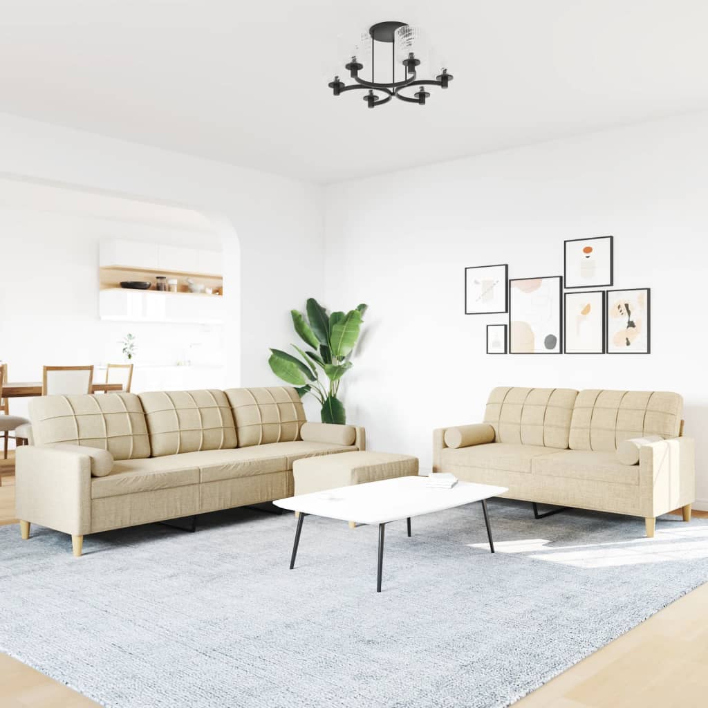 3-dijelni set sofa s tabureom i jastucima krem tkanina