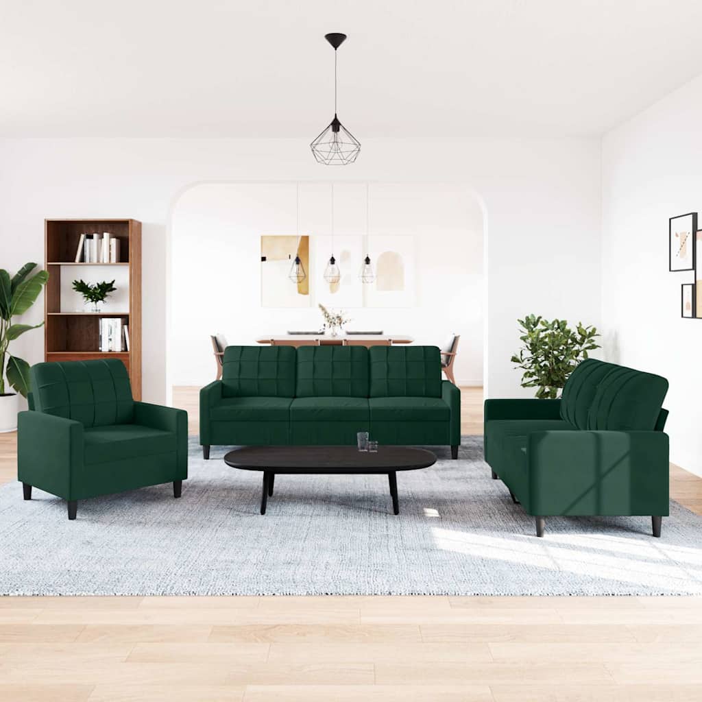 3-dijelni set sofa s jastucima tamnozeleni baršunasti