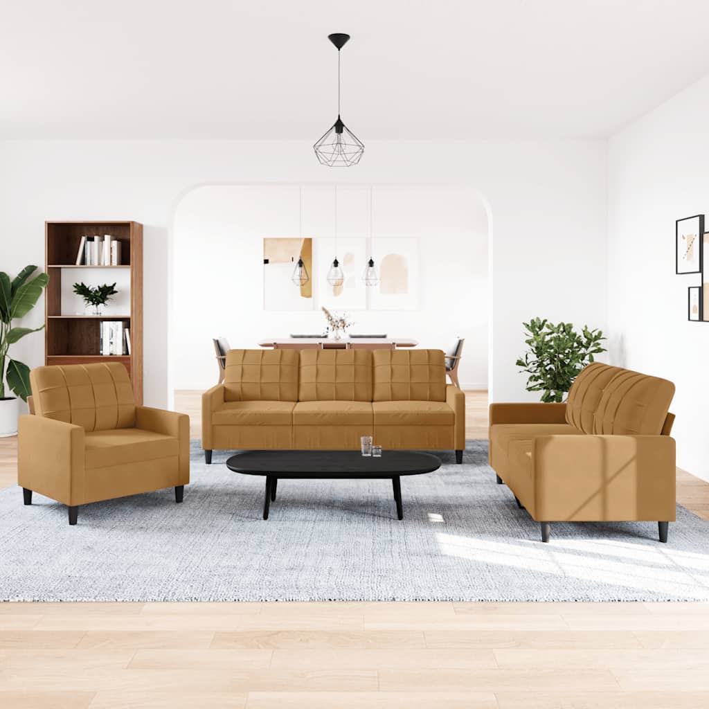 3-dijelni set sofa s jastucima smeđi baršunasti
