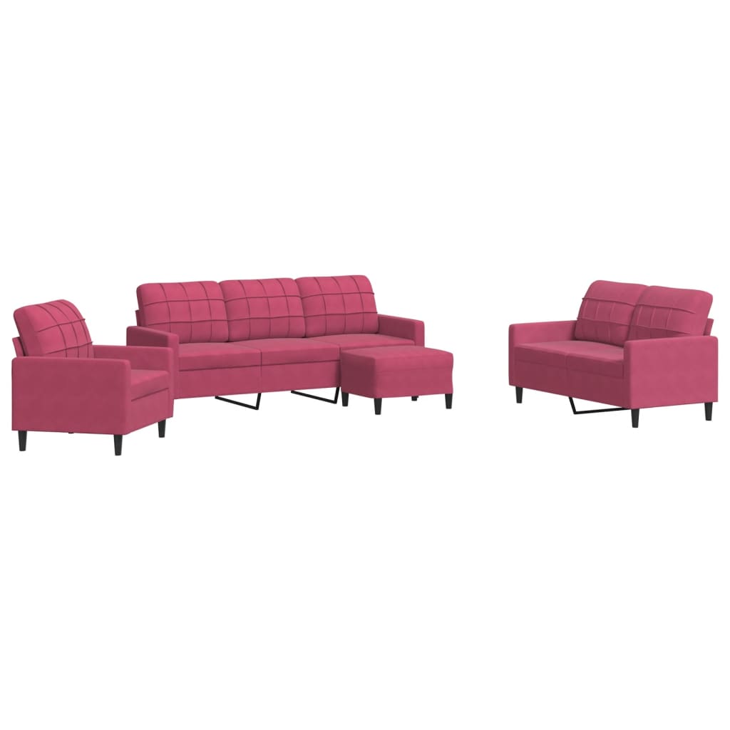 4-dijelni set sofa s jastucima crvena boja vina baršunasti