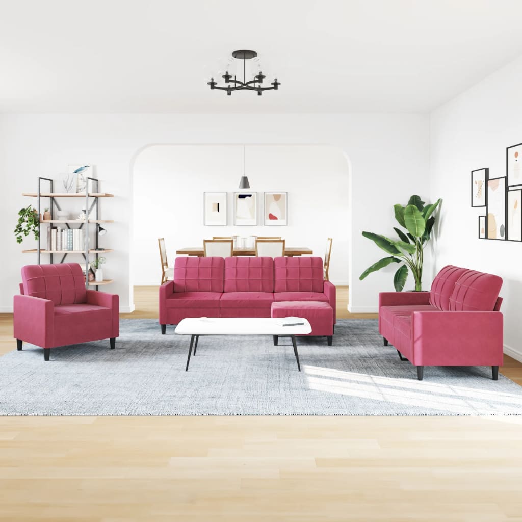 4-dijelni set sofa s jastucima crvena boja vina baršunasti