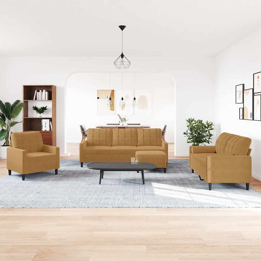 4-dijelni set sofa s jastucima smeđi baršunasti