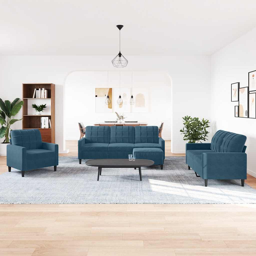 4-dijelni set sofa s jastucima plavi baršunasti