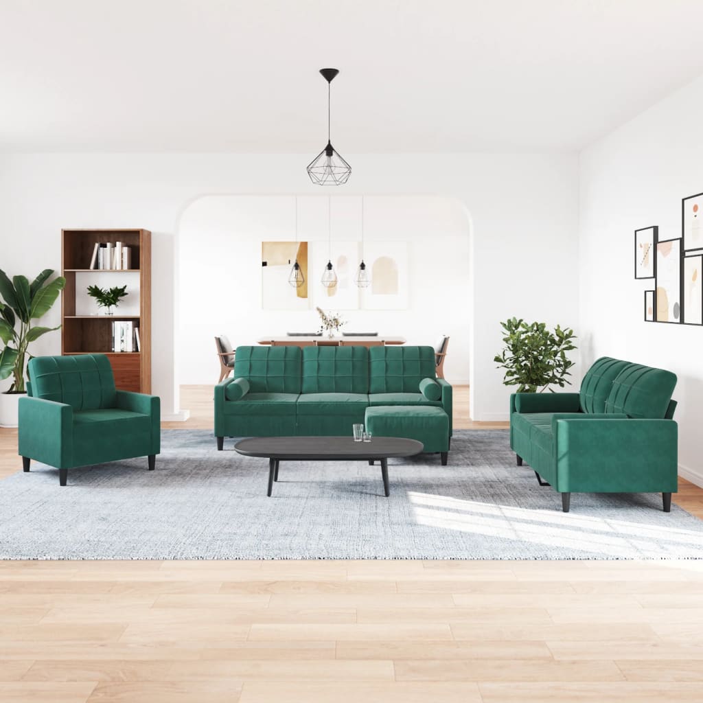 4-dijelni set sofa s jastucima tamnozeleni baršunasti