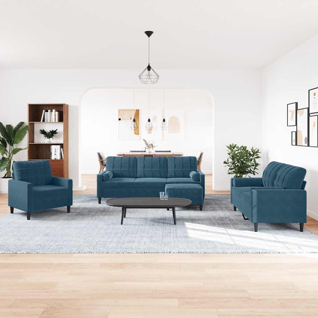4-dijelni set sofa s jastucima plavi baršunasti
