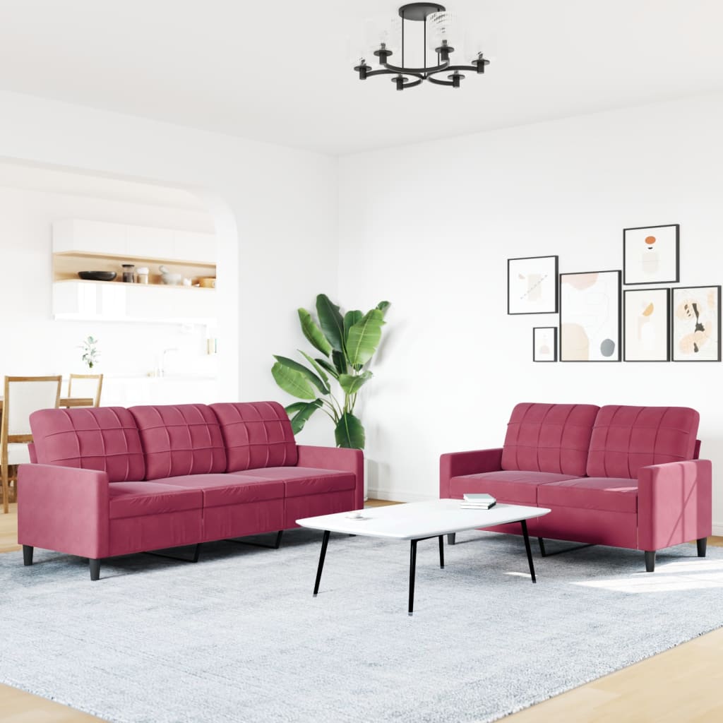 2-dijelni set sofa s jastucima crvena boja vina baršunasti