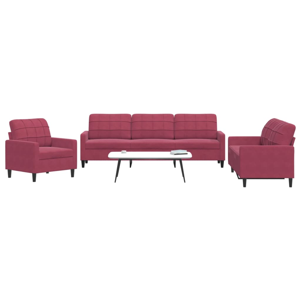 3-dijelni set sofa s jastucima crvena boja vina baršunasti