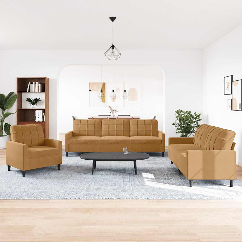 3-dijelni set sofa s jastucima smeđi baršunasti