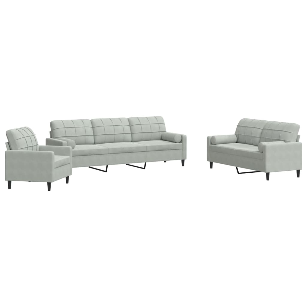 3-dijelni set sofa s jastucima svjetlosivi baršunasti