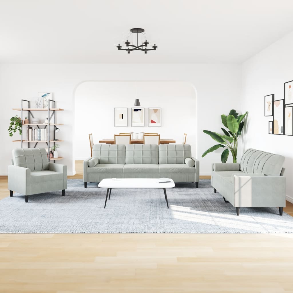 3-dijelni set sofa s jastucima svjetlosivi baršunasti