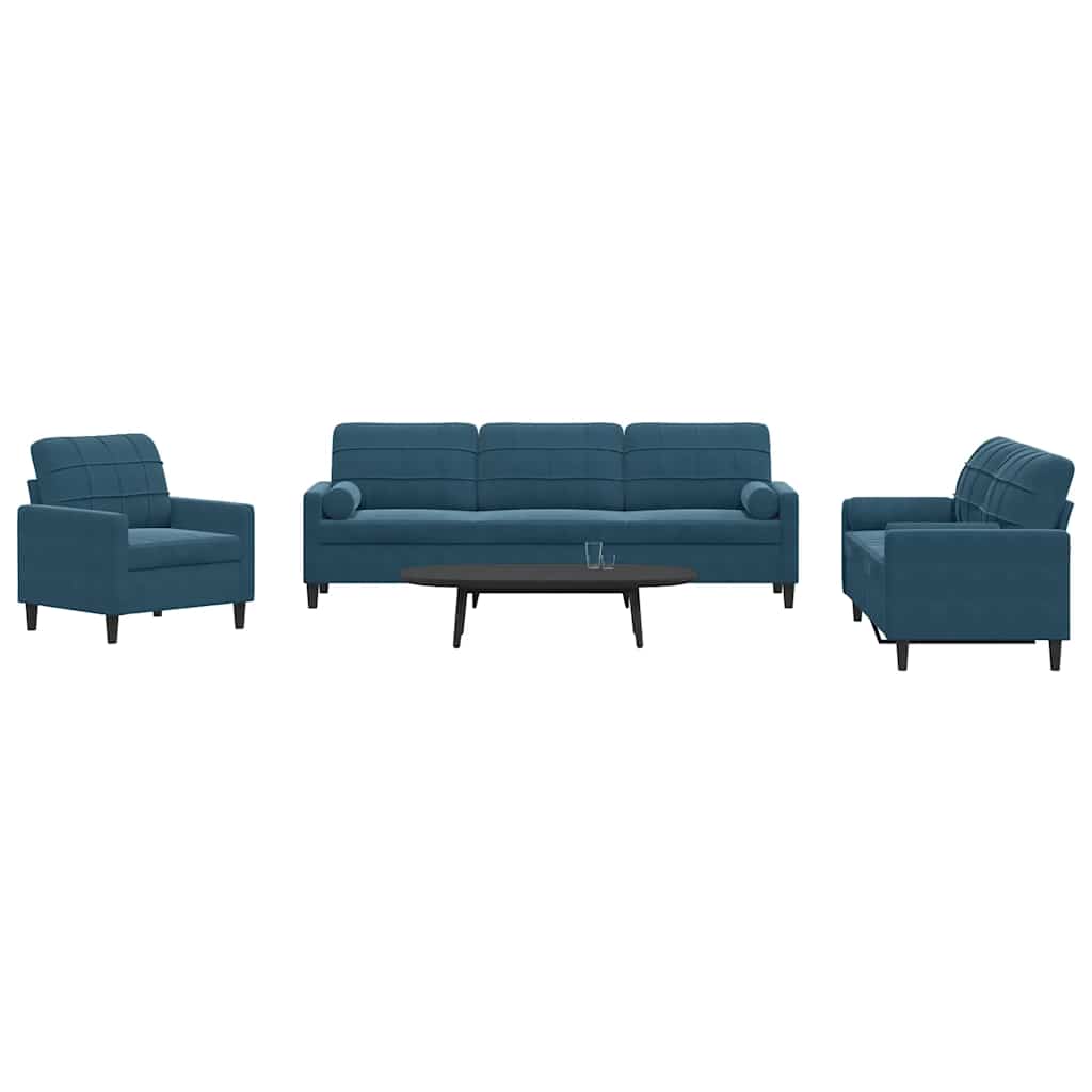 3-dijelni set sofa s jastucima plavi baršunasti