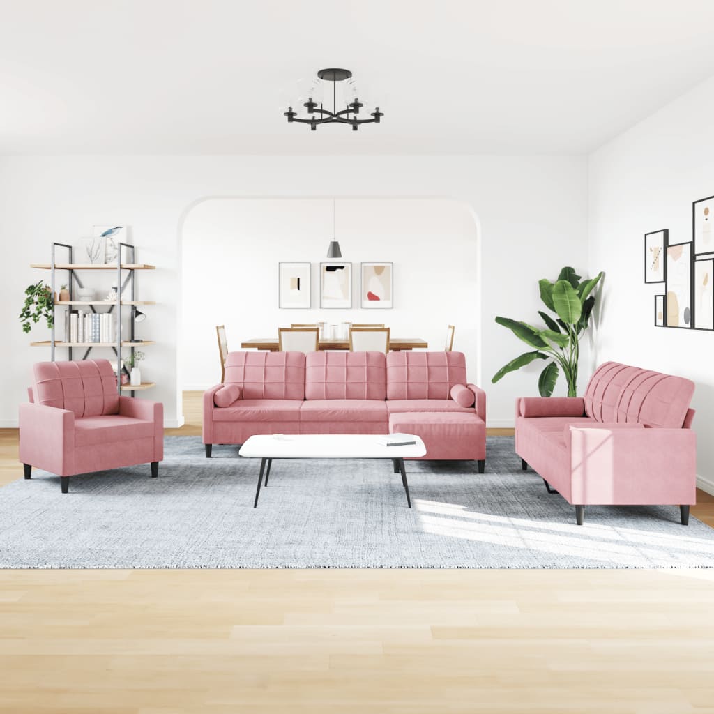4-dijelni set sofa s jastucima ružičasti baršunasti