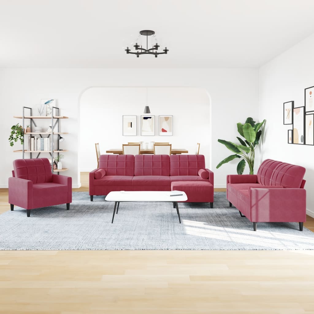 4-dijelni set sofa s jastucima crvena boja vina baršunasti