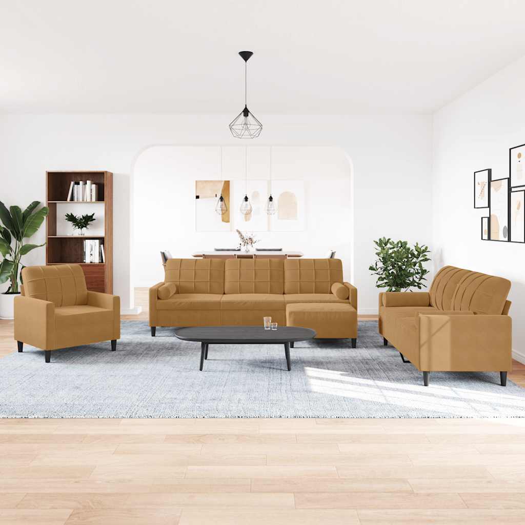 4-dijelni set sofa s jastucima smeđi baršunasti