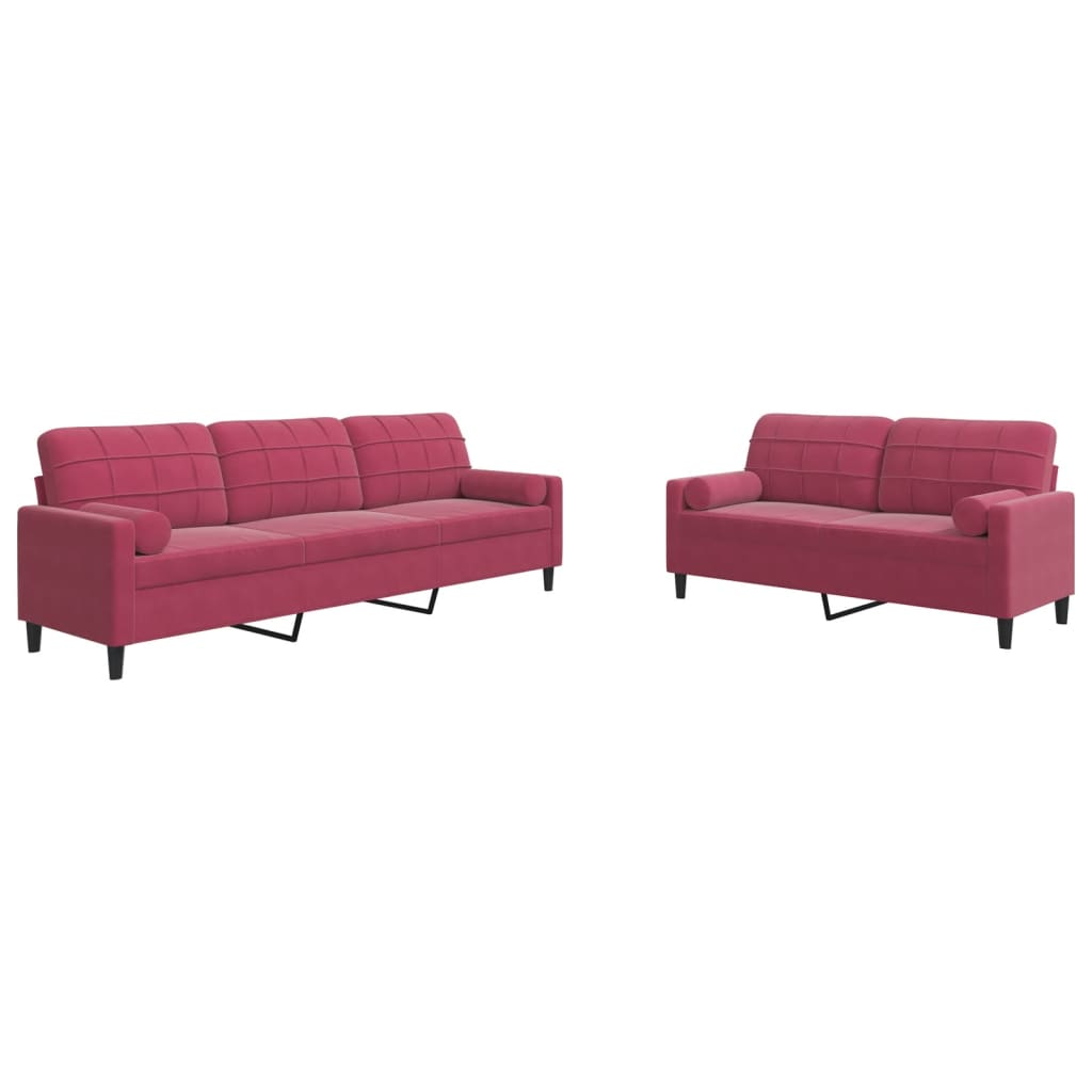 2-dijelni set sofa s jastucima crvena boja vina baršunasti