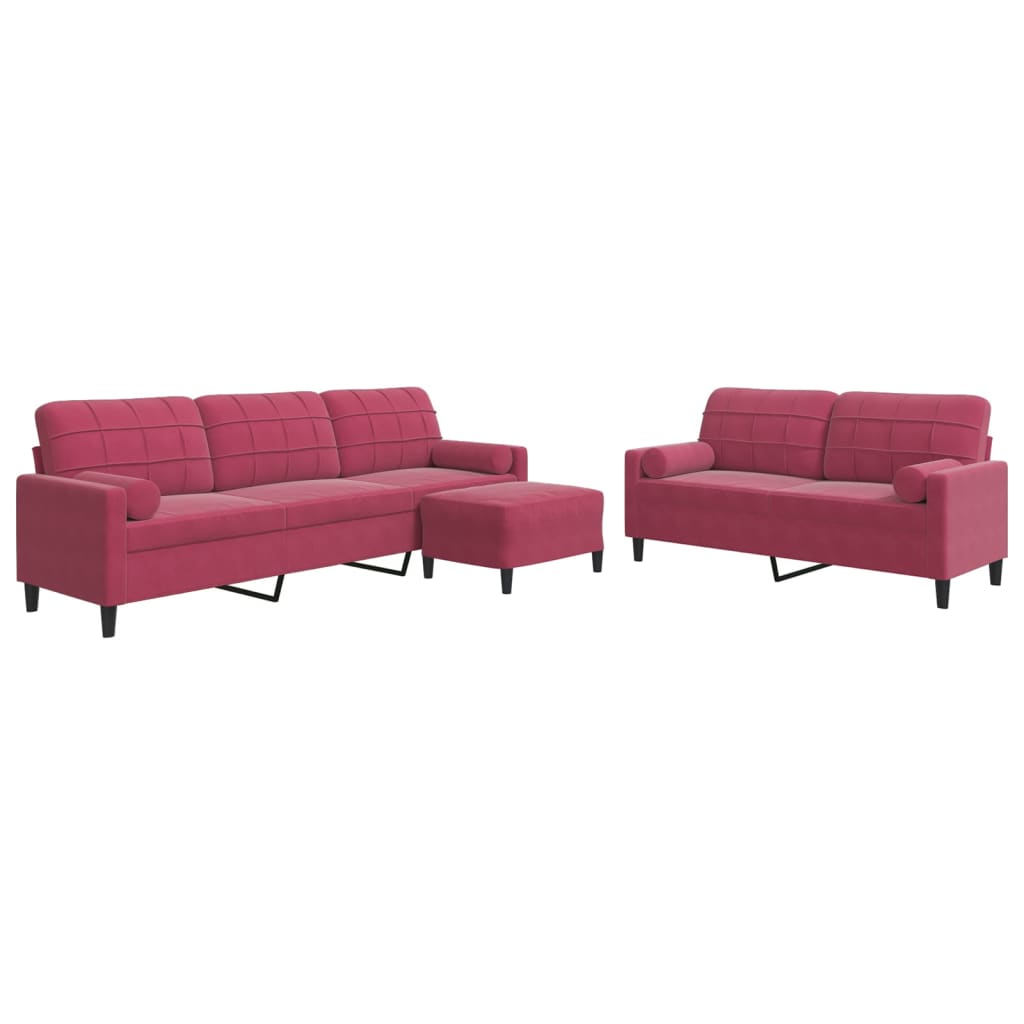 3-dijelni set sofa s jastucima crvena boja vina baršunasti