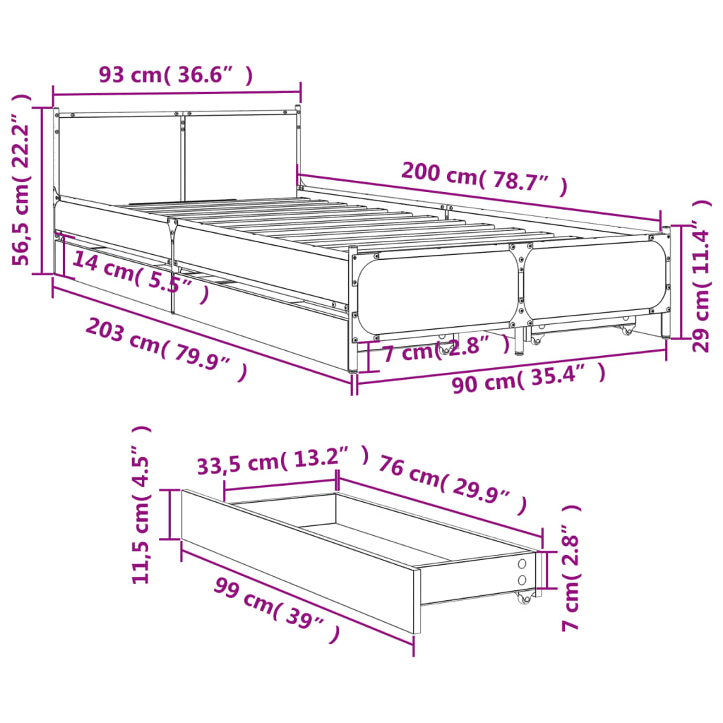 Okvir kreveta s ladicama crni 90 x 200 cm konstruirano drvo
