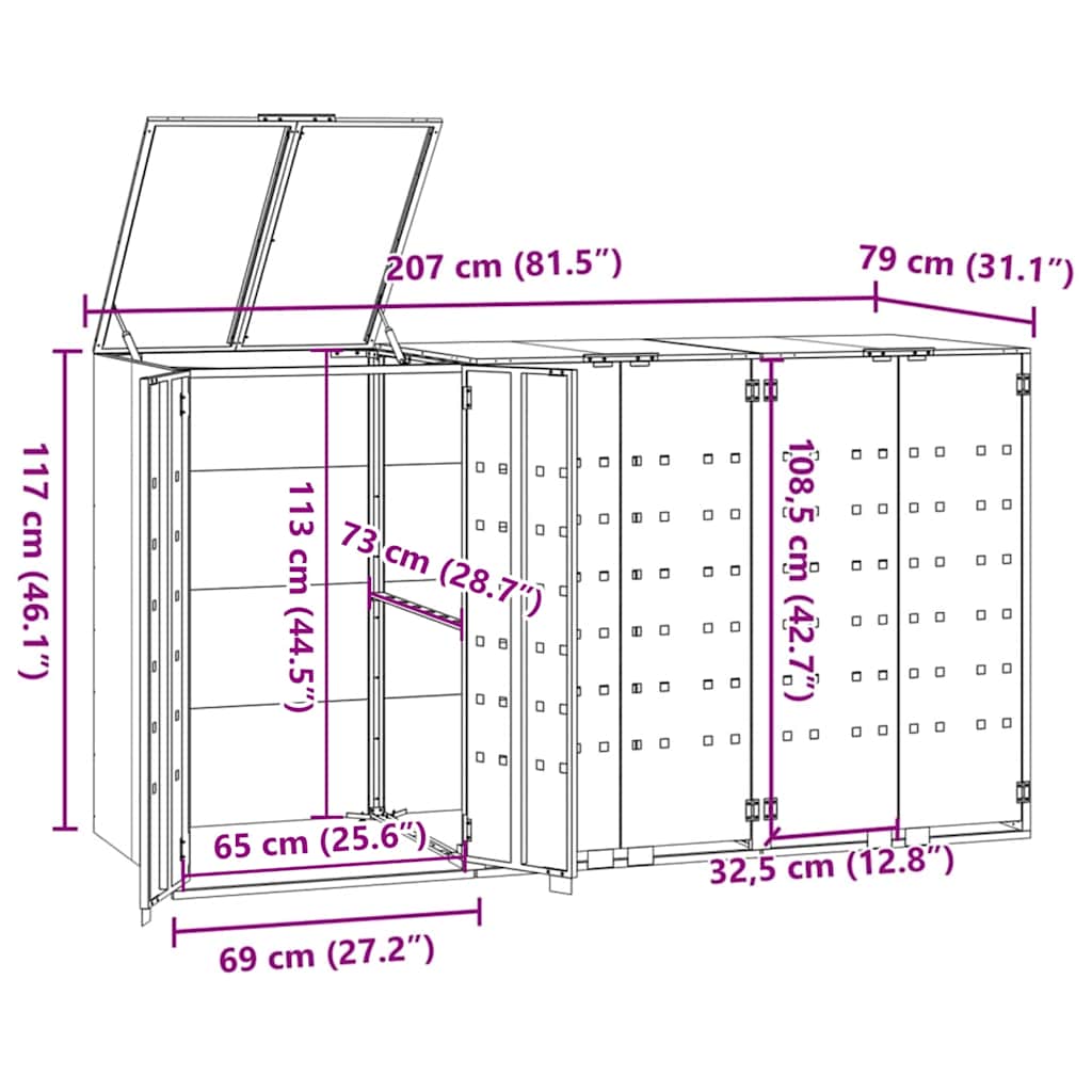 Spremište za 3 kante za otpad antracit 207x79x117 cm čelično