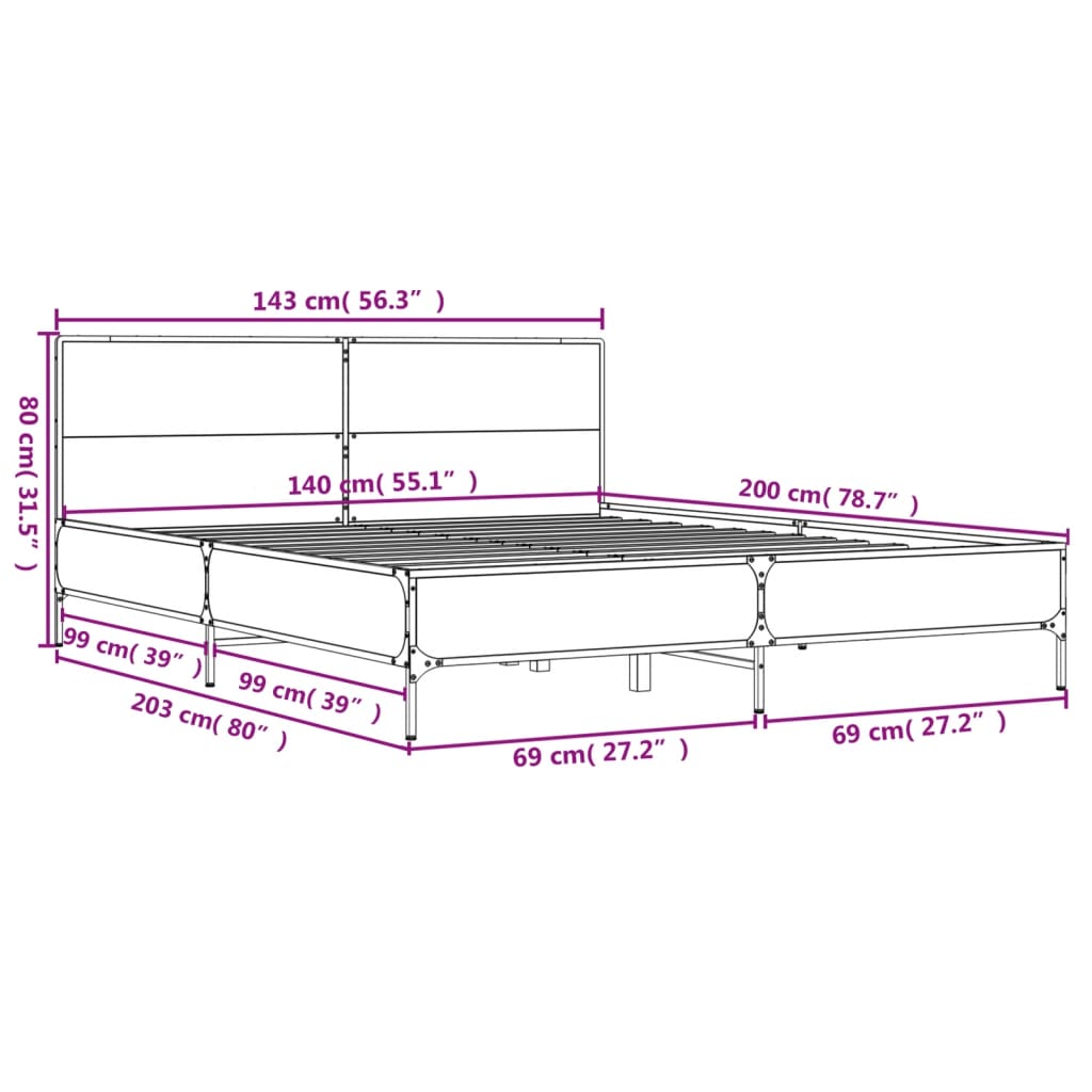 Okvir kreveta smeđi hrast 140x200cm konstruirano drvo i metal