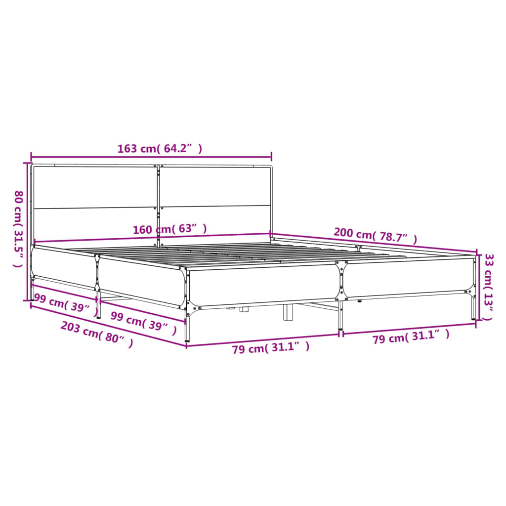 Okvir za krevet boja hrasta 160x200 cm konstruiran drvo i metal