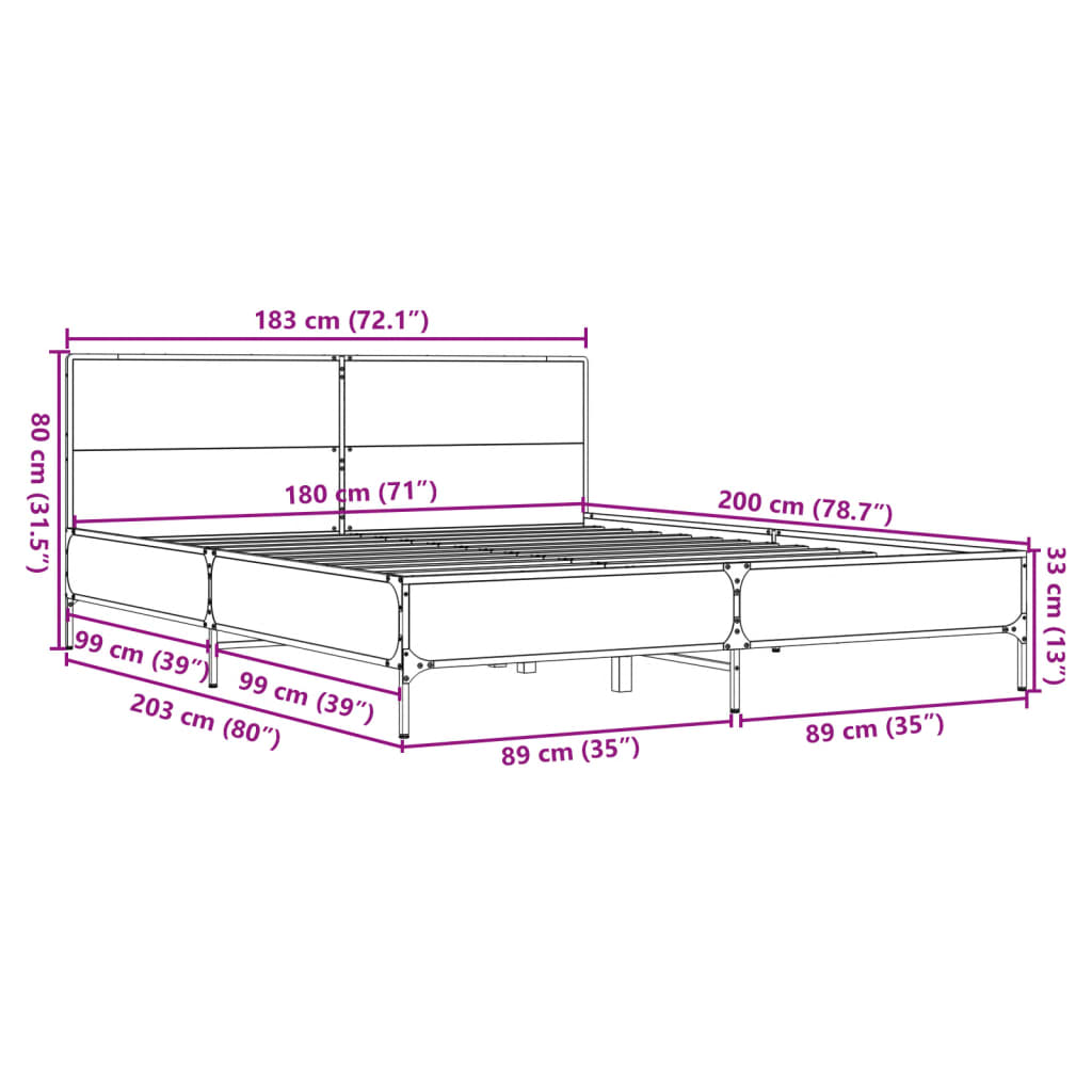 Okvir kreveta boja hrasta 180x20 cm konstruirano drvo i metal
