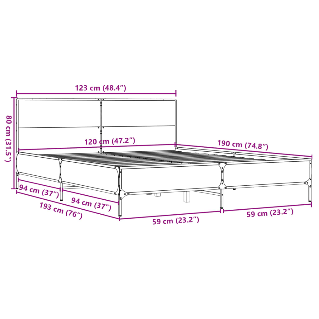 Okvir za krevet boja hrasta 120x190cm konstruirano drvo i metal