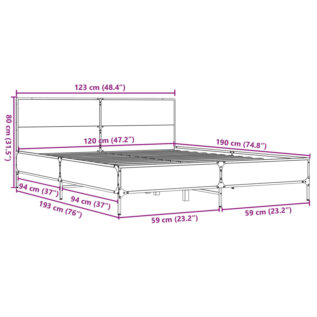 Okvir za krevet smeđi hrast 120x190cm konstruirano drvo i metal