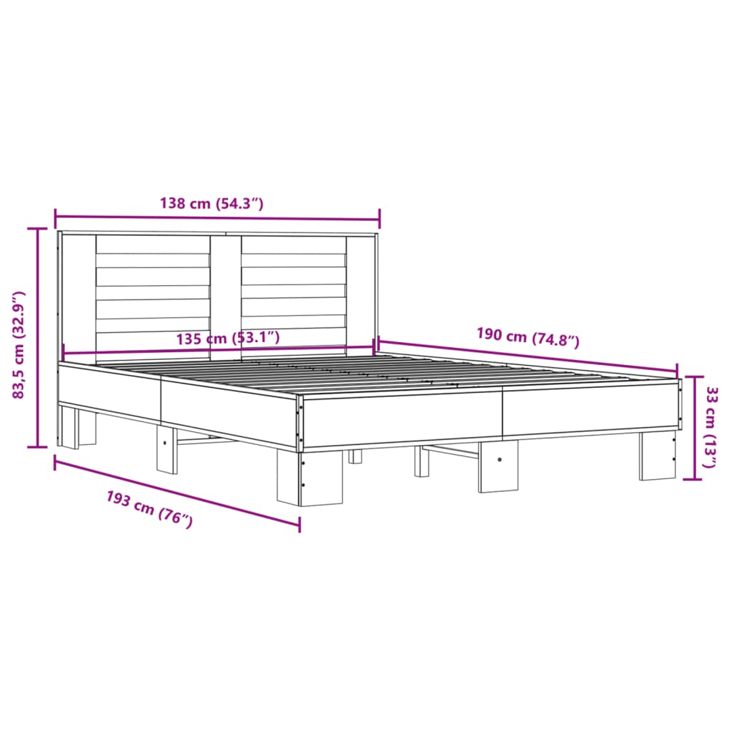 Okvir za krevet boja hrasta 135x190cm konstruirano drvo i metal