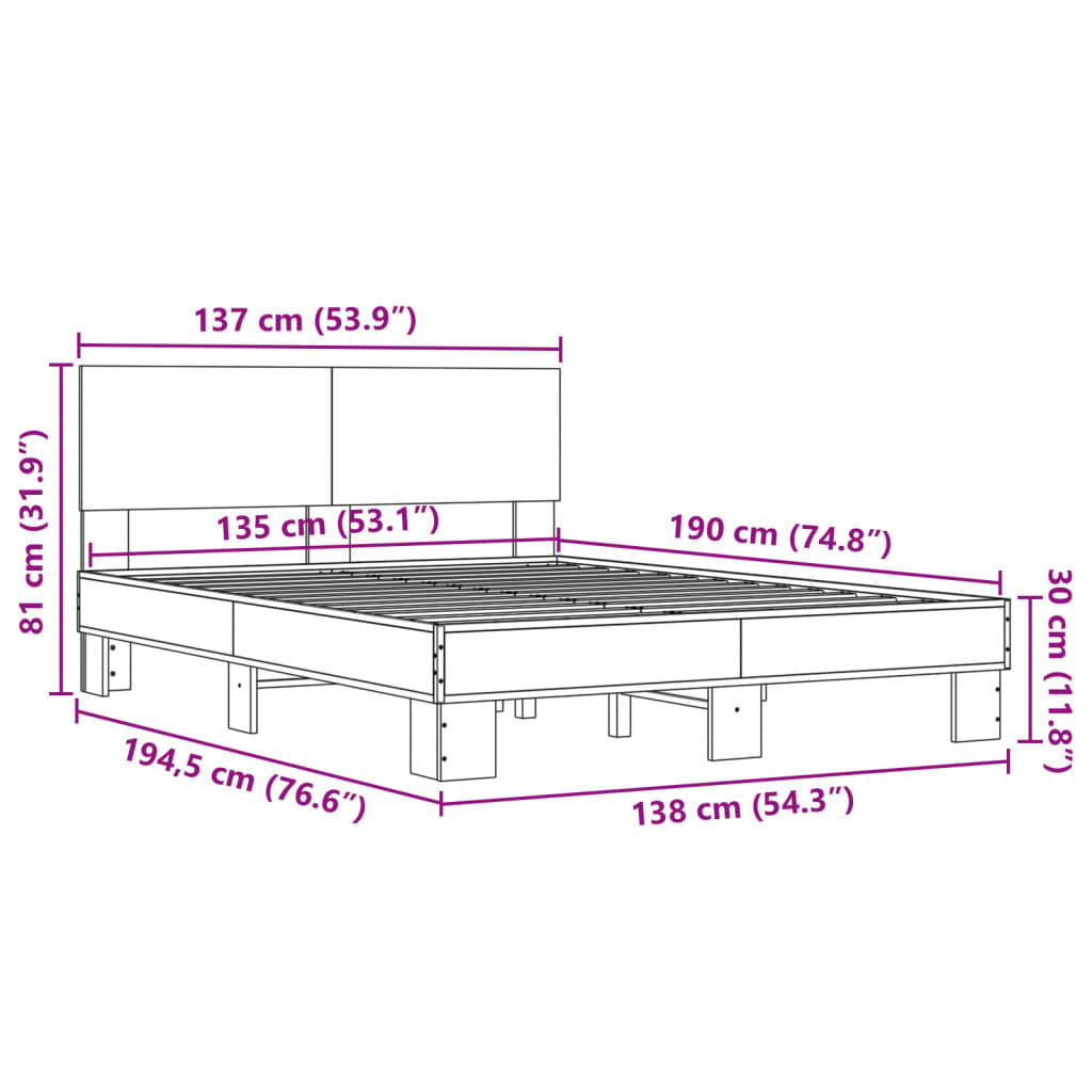Okvir za krevet boja hrasta 135x190cm konstruirano drvo i metal