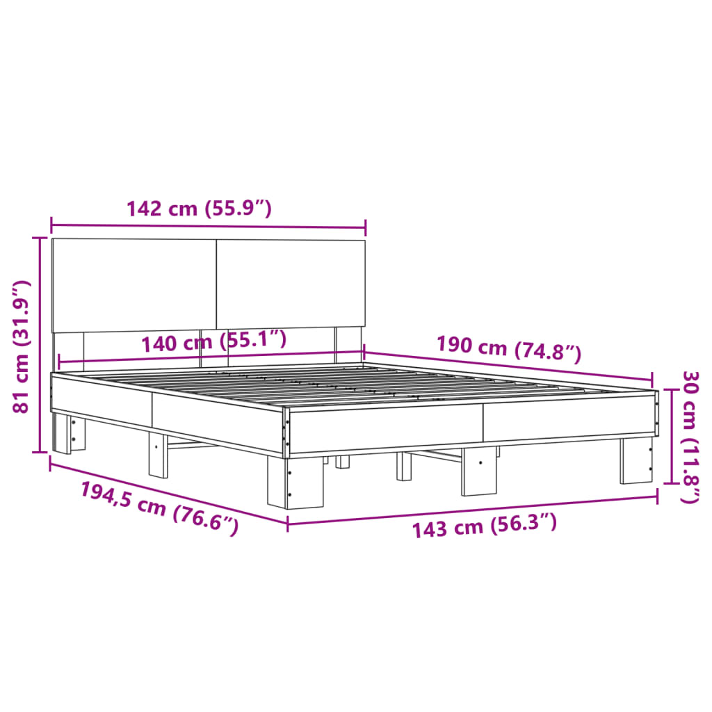 Okvir kreveta boja hrasta 140x190 cm konstruirano drvo i metal