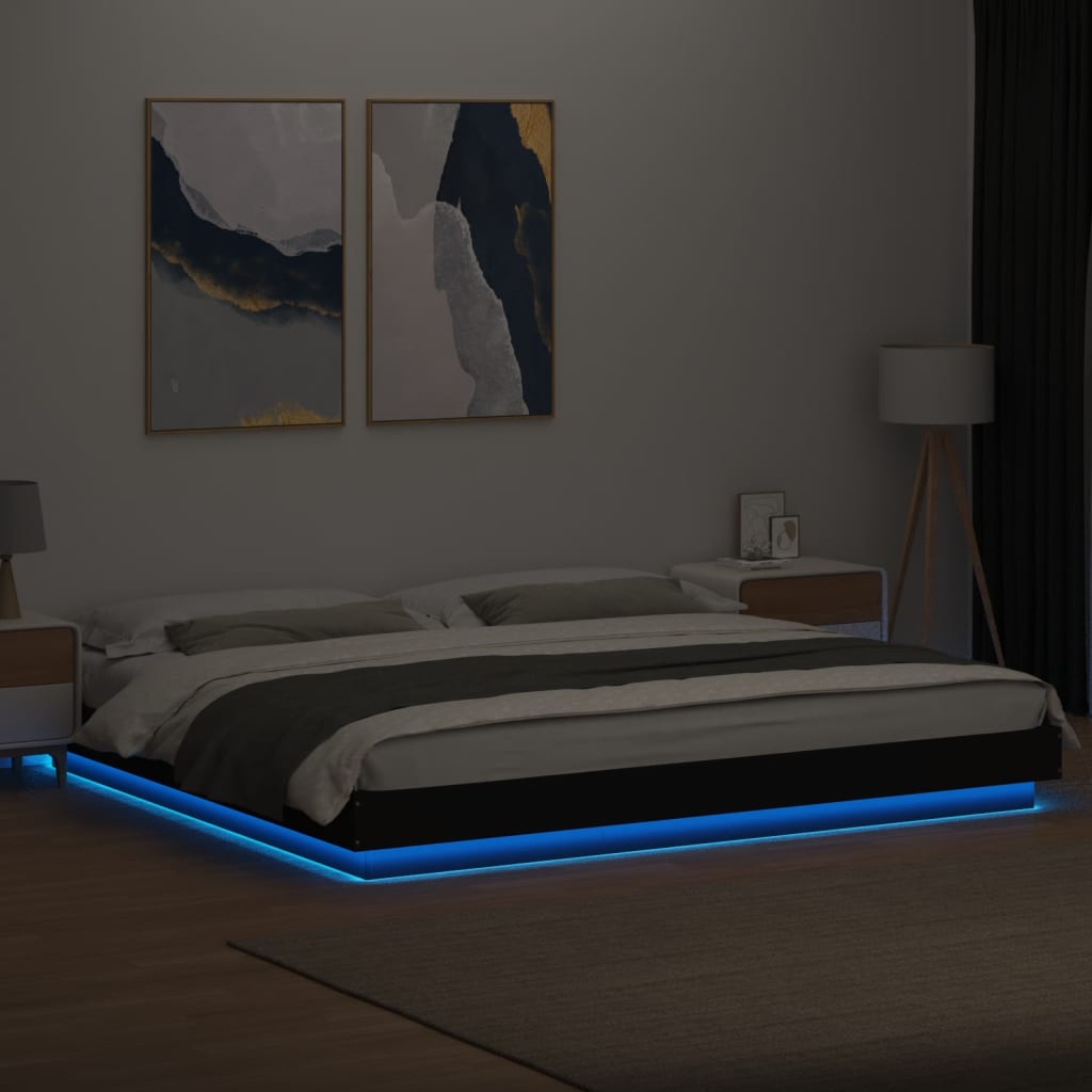 Okvir kreveta s LED svjetlima crni 200x200 cm konstruirano drvo
