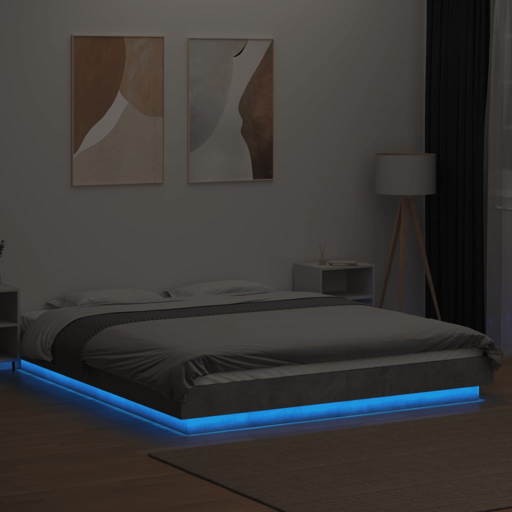 Okvir kreveta s LED svjetlima boja betona 150 x 200 cm drveni