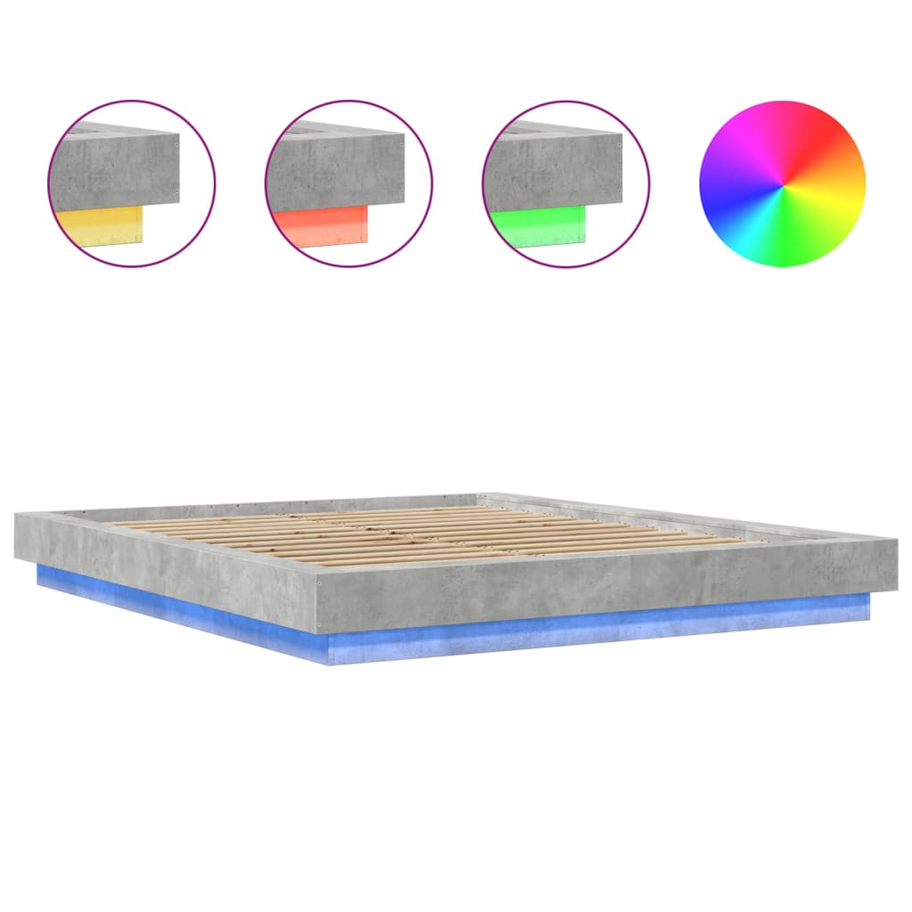 Okvir kreveta s LED svjetlima boja betona 150 x 200 cm drveni