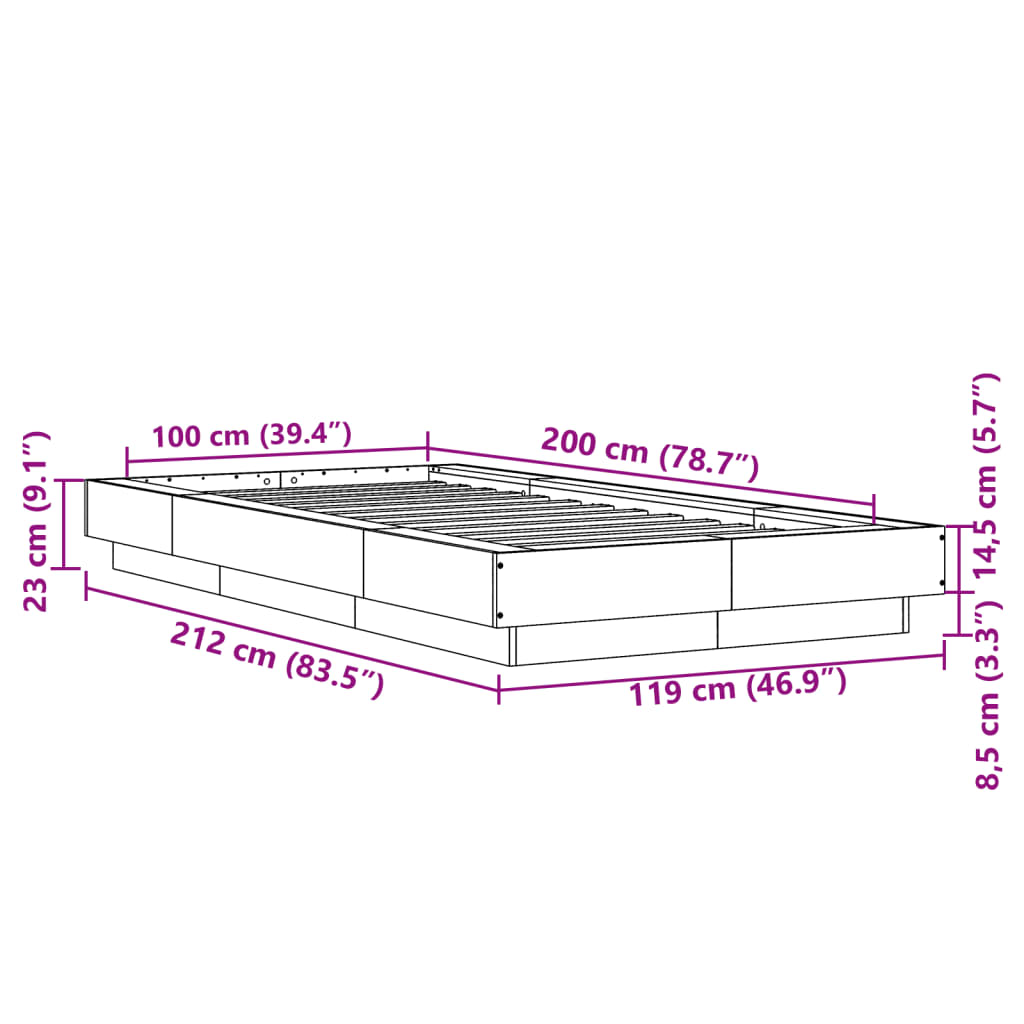 Okvir kreveta s LED svjetlima boja betona 100 x 200 cm drveni