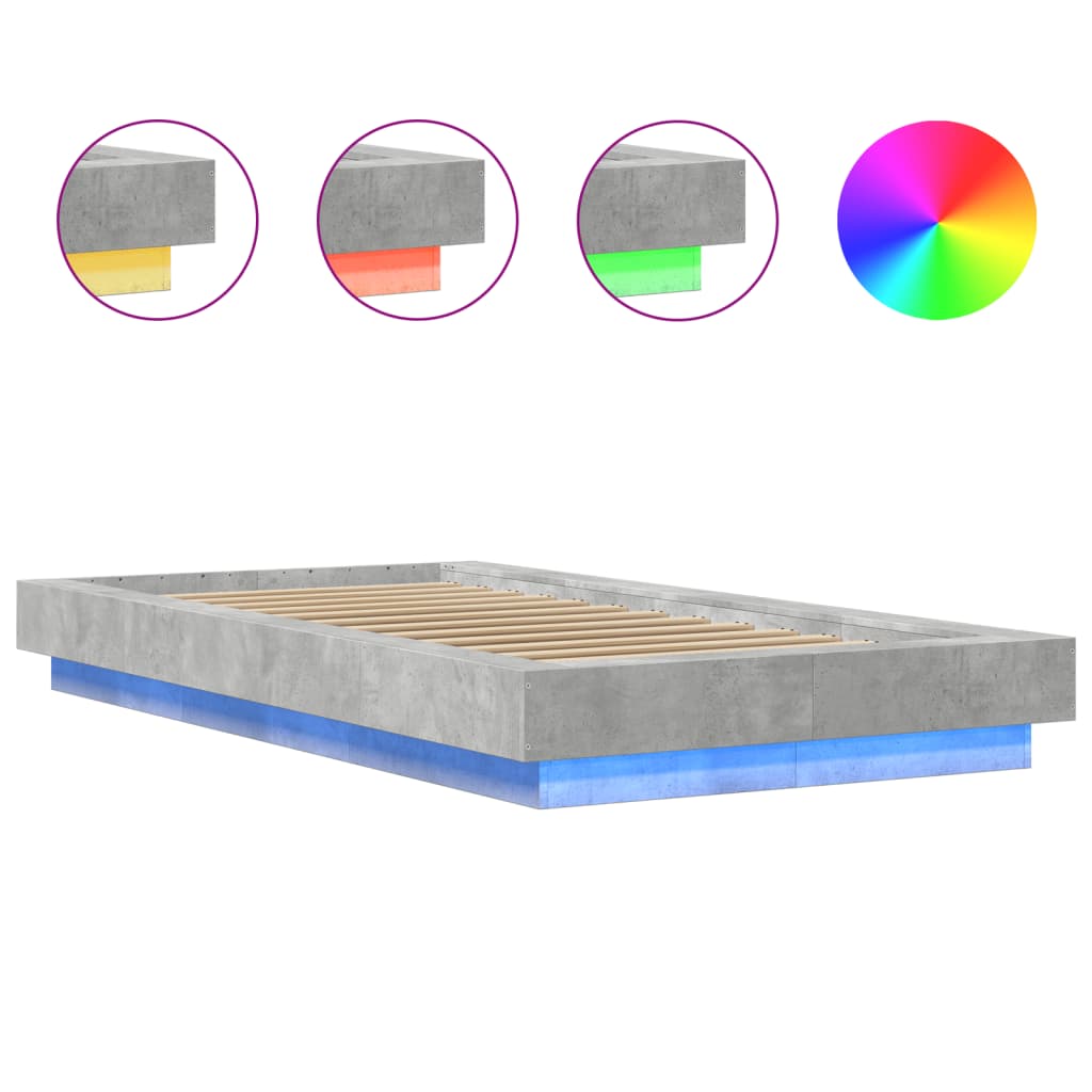 Okvir kreveta s LED svjetlima boja betona 100 x 200 cm drveni