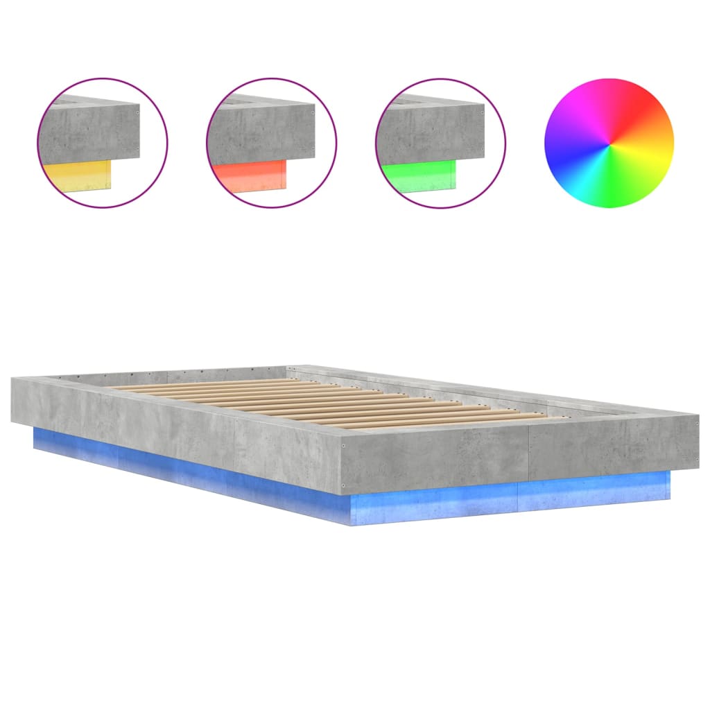 Okvir kreveta s LED svjetlima boja betona 90 x 200 cm drveni