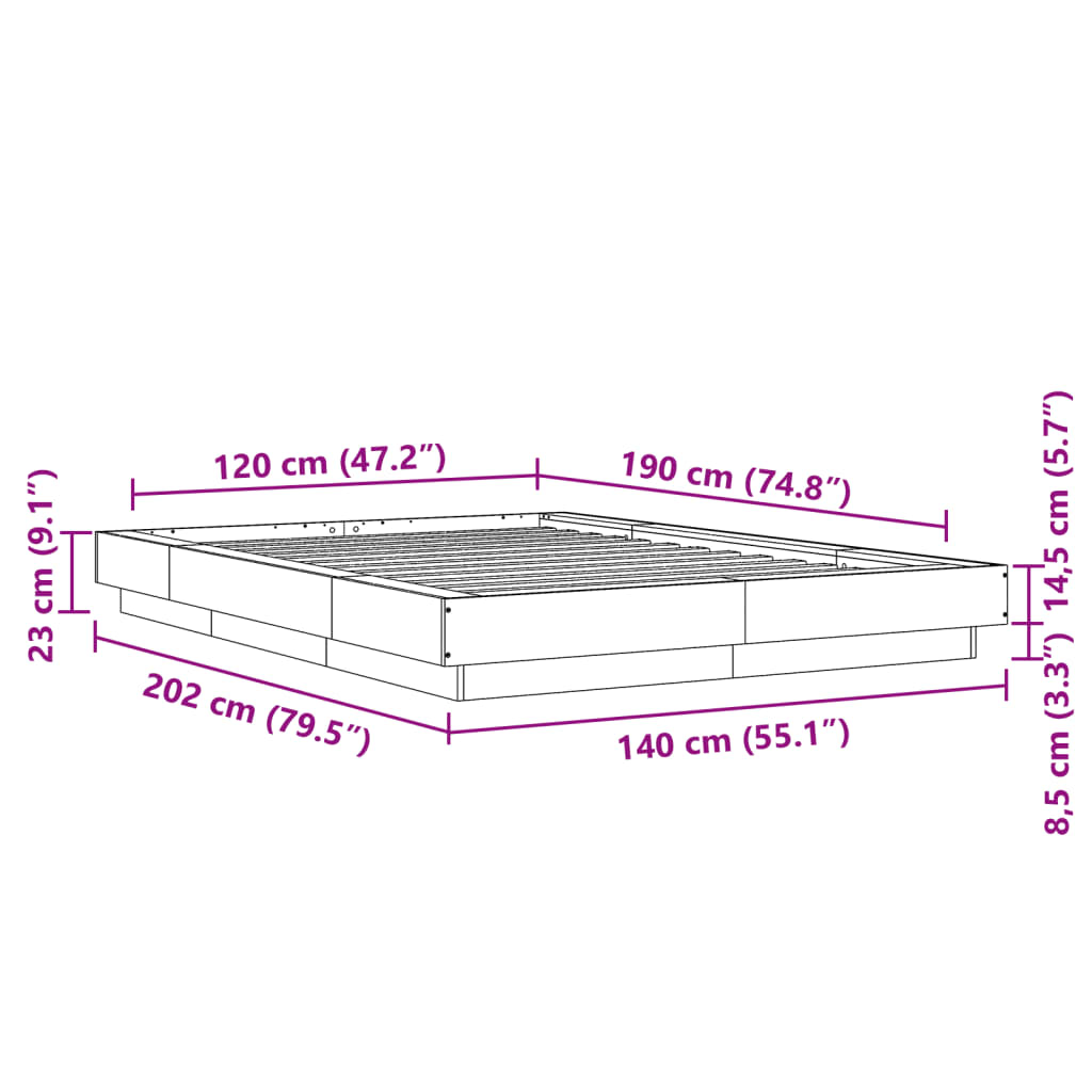 Okvir kreveta s LED svjetlima boja betona 120 x 190 cm drveni