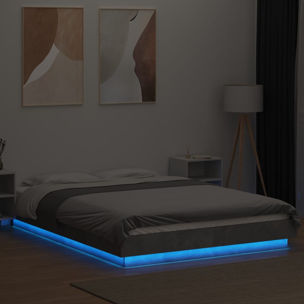 Okvir kreveta s LED svjetlima boja betona 120 x 190 cm drveni