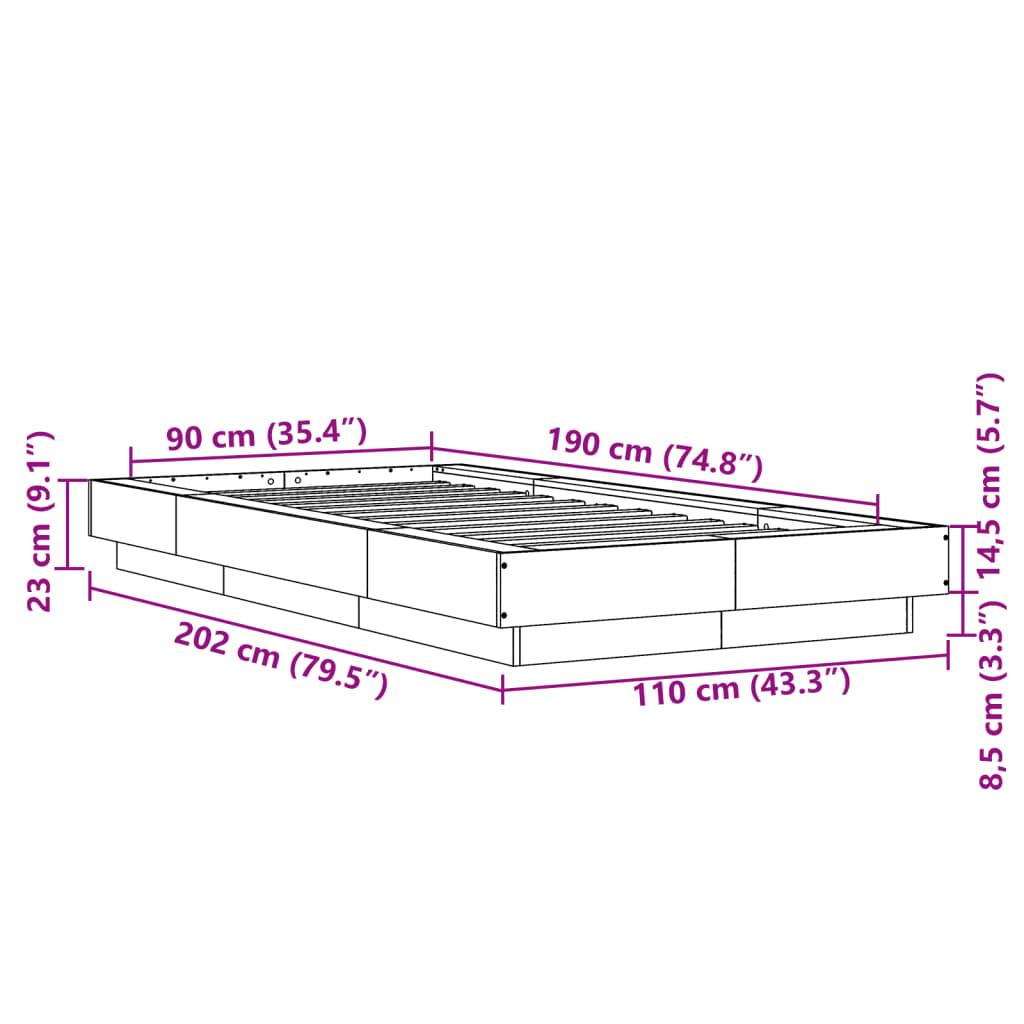 Okvir za krevet s LED svjetlima crni 90 x 190 cm drveni