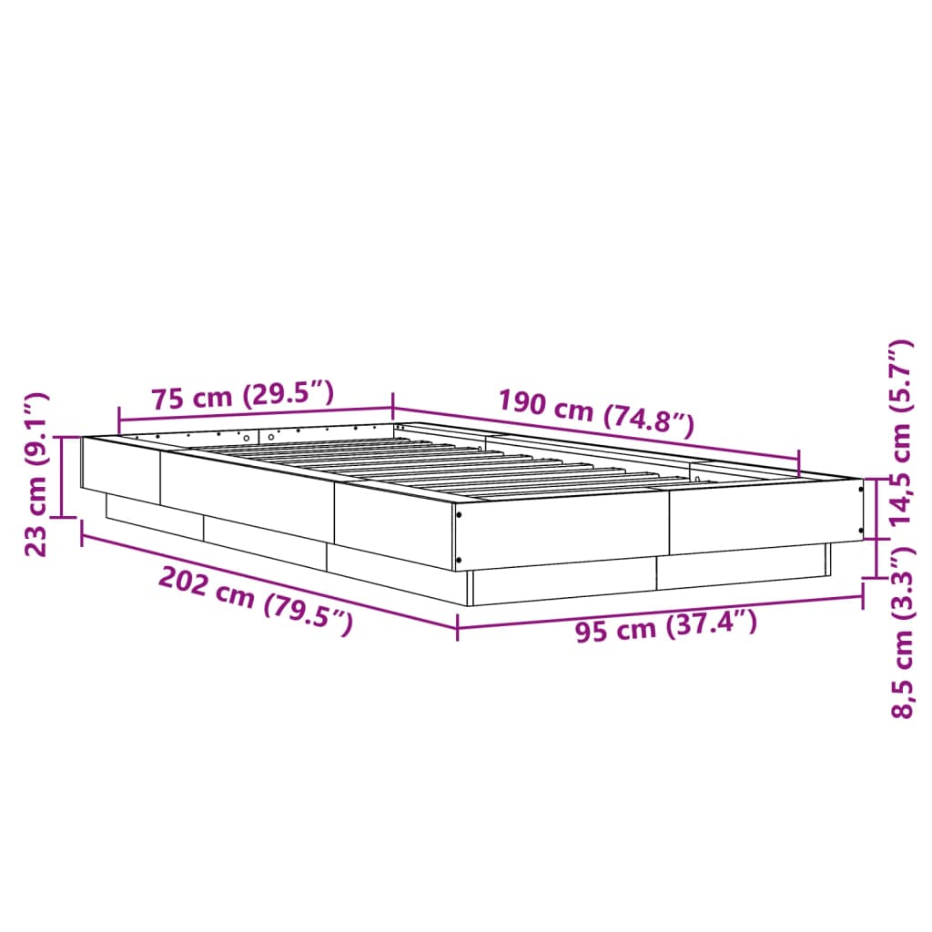 Okvir krevet s LED svjetlima 75x190 cm od konstruiranog drva