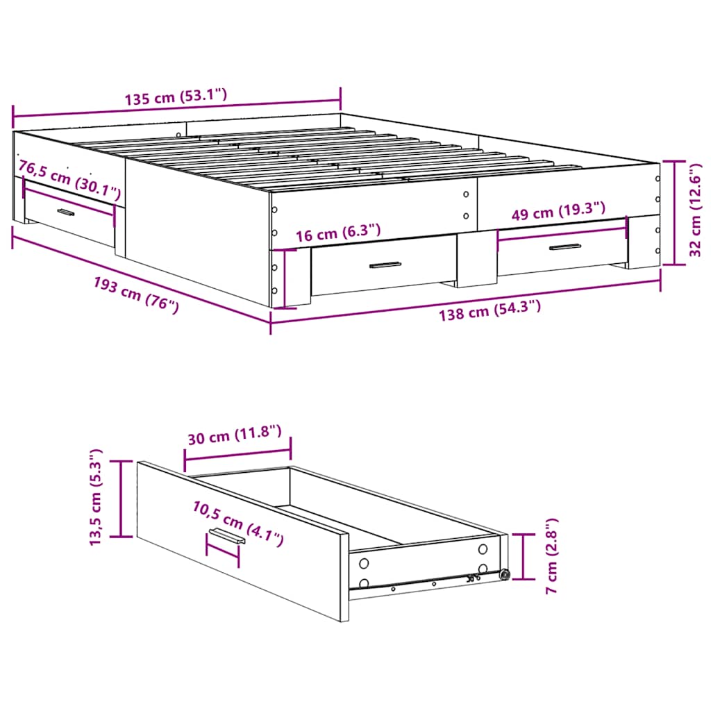 Okvir za krevet s ladicama boja sivog hrasta 135x190 cm