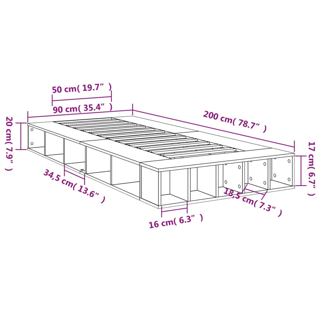 Okvir kreveta boja betona 90x200 cm od konstruiranog drva