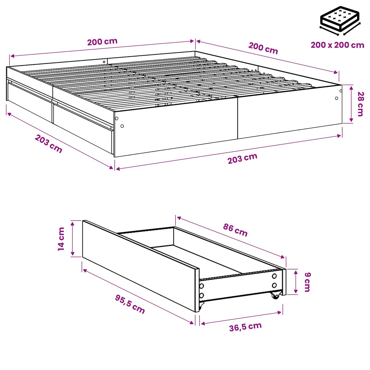 Okvir za krevet s ladicama boja hrasta 200x200 cm drveni Smeđa 200 x 200 cm