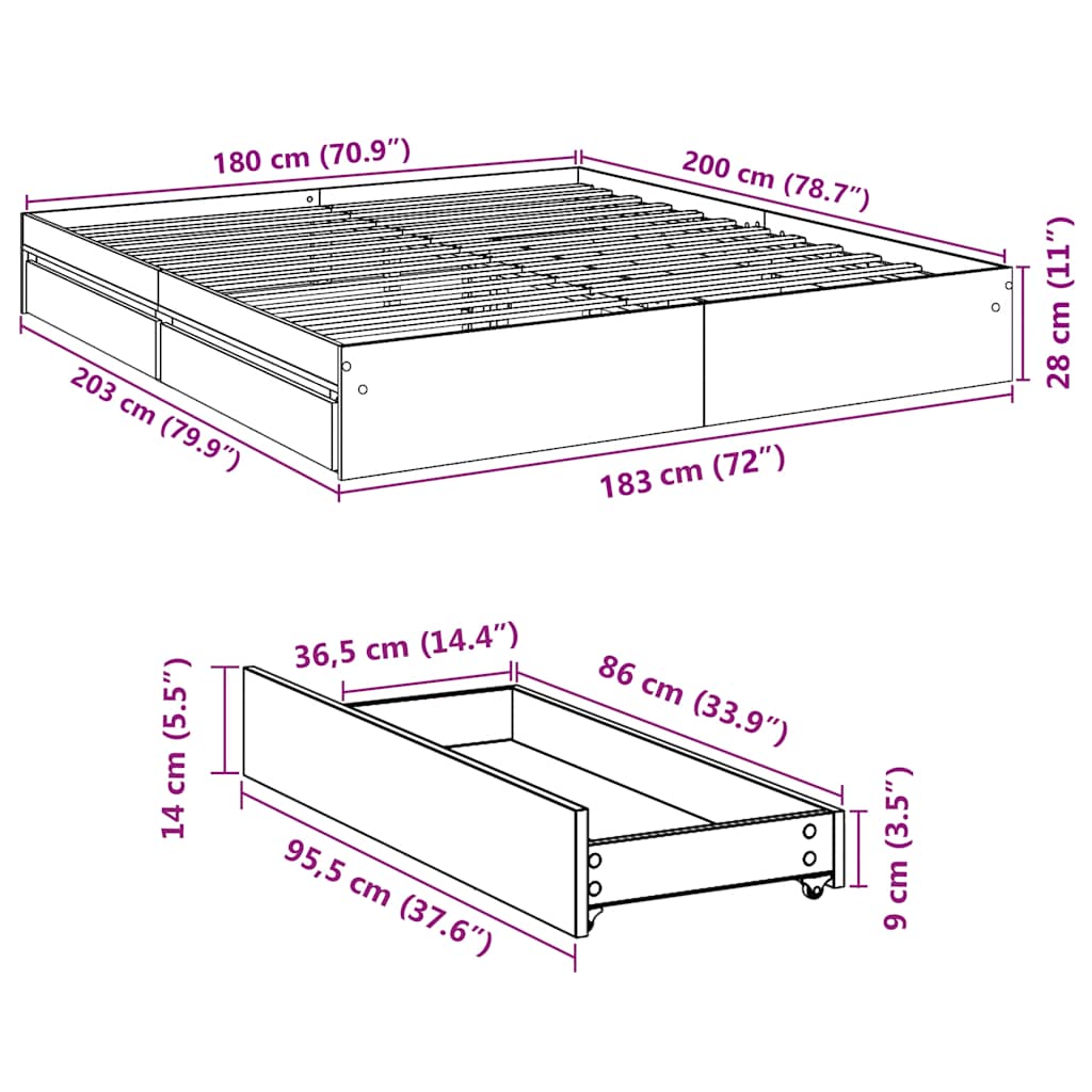 Okvir za krevet s ladicama boja hrasta 180x200 cm