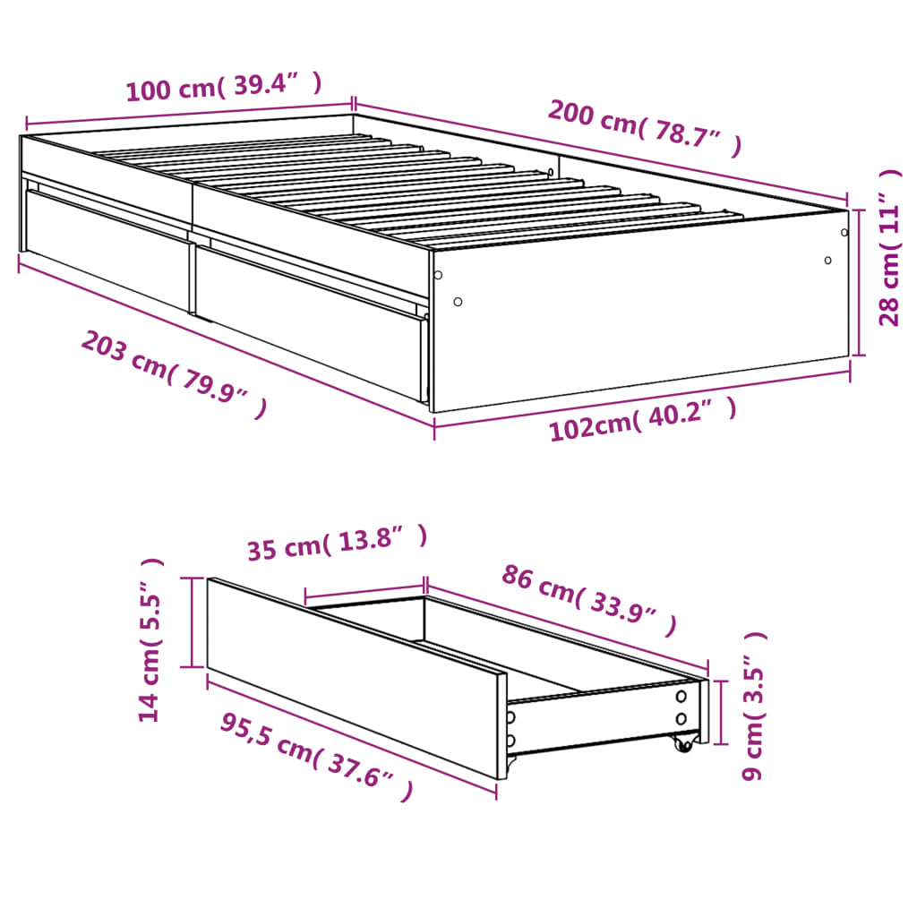 Okvir za krevet s ladicama boja hrasta 100x200 cm drveni