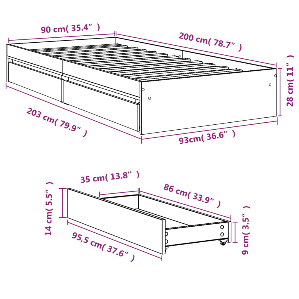 Okvir za krevet s ladicama boja hrasta 90x200 cm